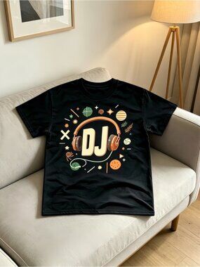 DJ Headphones Fun Pattern T-Shirt, Unisex Black T-Shirt